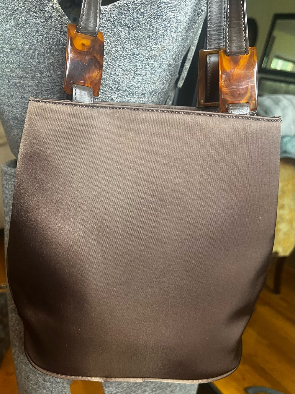 Yves Saint Laurent YSL Vintage Brown Satin Shoulder Tote Bag Vintage Tortoise - Picture 4 of 12